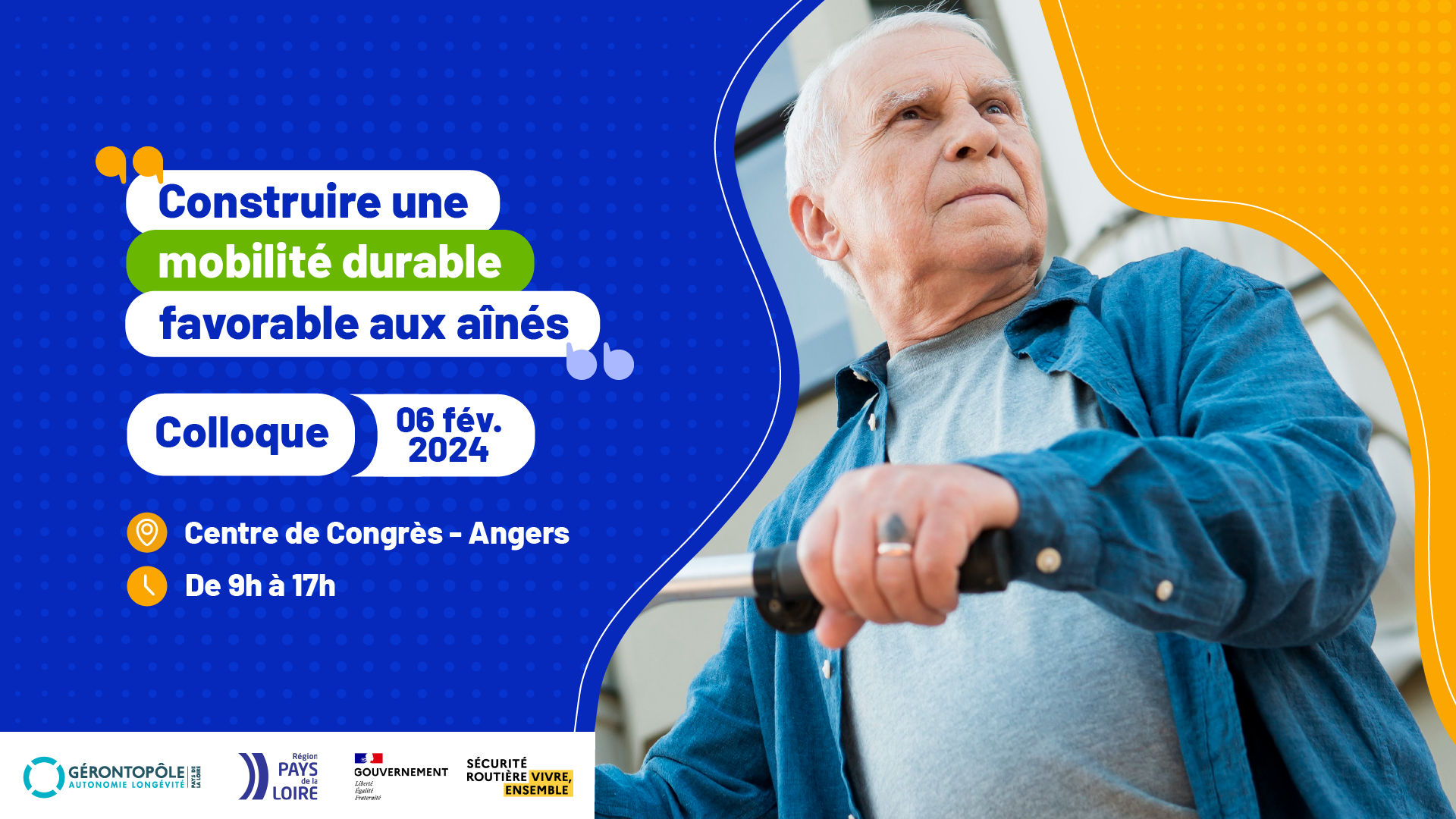 Visuel du l'invitation du colloque "Construire une mobilité durable favorable aux aînés"